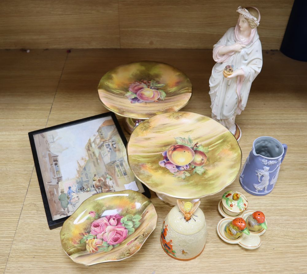 A Victorian John Bevington earthenware female figure, a Japanese cruet and a honey pot in Clarice Cliff style, and four other items